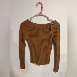 Moda international tan off the shoulder sweater with tie detailing